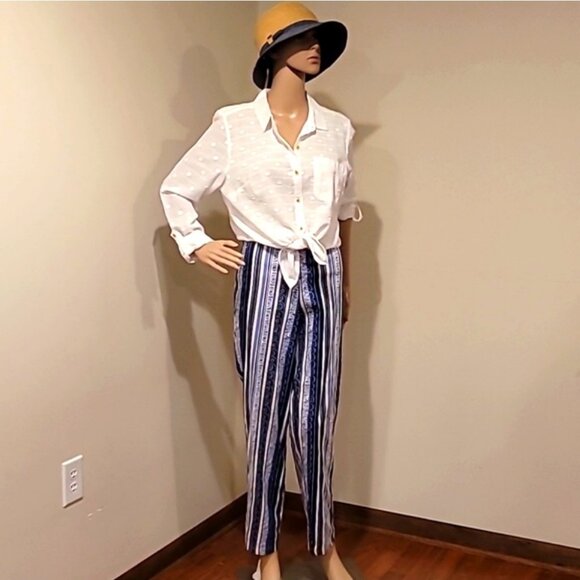 Blue & White Striped Pattern High-Waisted Lightweight Pants Womens Size M - Picture 8 of 14